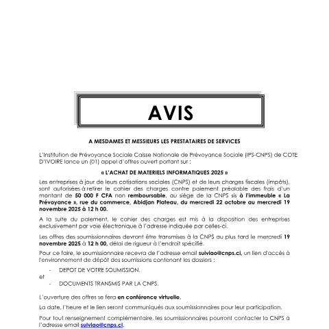 Aperçu du document APPEL D’OFFRE POUR L’ACHAT DE MATERIELS INFORMATIQUES 2025 — Document CNPS (prévoyance sociale), Côte d'Ivoire