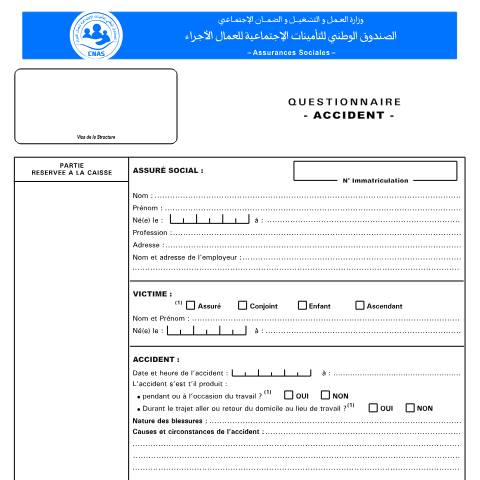 Aperçu du document AS 10 Questionnaire – Accident — CNAS — Formulaires Sécurité sociale, Algérie (CERFA n°AS 10)