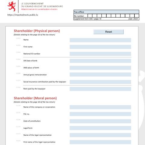 Aperçu du document Associé (personne physique et personne morale) Teilhaber (natürliche Person und juristische Person) Shareholder (physical person and moral person) — Déclarations téléchargeables au format PDF (pour les années 2021 à 2025), Luxembourg (CERFA n°ass-e)