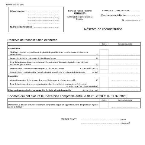 Aperçu du document Réserve de reconstitution (PDF, 193.45 Ko) — SPF Finances, Belgique (CERFA n°121-275-rr)