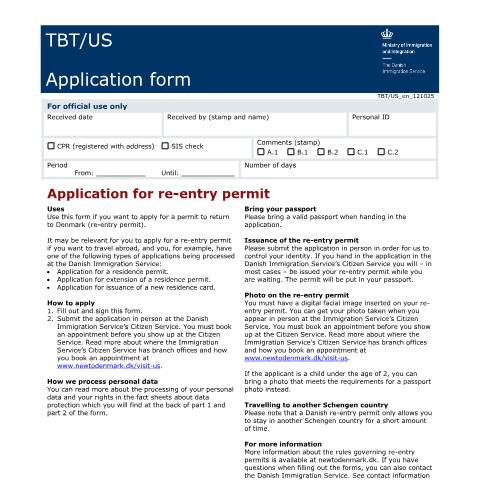Document preview: Application for re-entry permits in the areas of asylum and family reunification — Immigration Service / Application forms – The Danish Immigration Service, Danmark