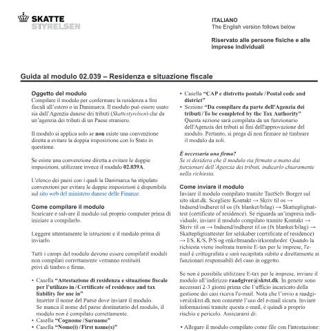 Document preview: Residenza e informazioni fiscali / Residence and tax liability, 02.039 — Vejledning/Instruction — 02 Tax: certificates, Danmark (CERFA n°02.039)