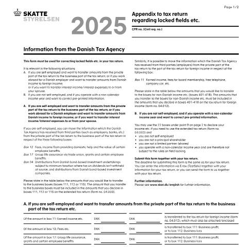 Document preview: 04.072 EN - Appendix to tax return regarding locked fields etc. — 04 Tax: tax return and preliminary income – individuals, Danmark (CERFA n°04.072)