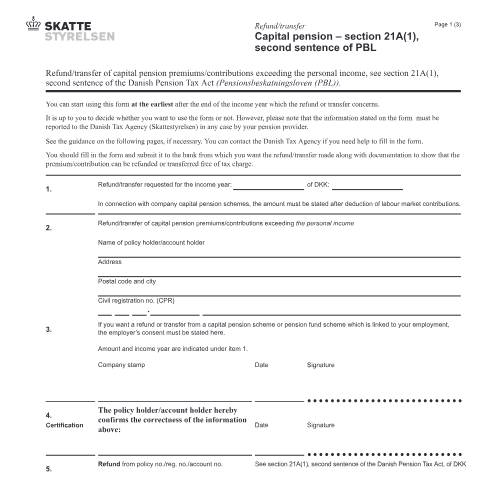 Document preview: Refund/transfer - Capital pension scheme - section 21A(1), second sentence of PBL, 07.052 EN — 07 Tax: gift tax and pension, Danmark (CERFA n°07.052)