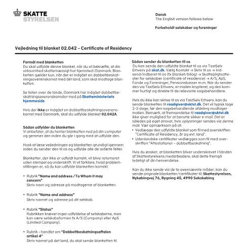 Document preview: Certificate of Residency / Hjemstedserklæring, 02.042 — Vejledning/Instruction — 02 Tax: certificates, Danmark (CERFA n°02.042)