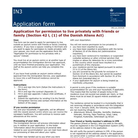 Document preview: IN3 — Application for permission to live privately with friends or family — Immigration Service / Application forms – The Danish Immigration Service, Danmark (CERFA n°IN3)