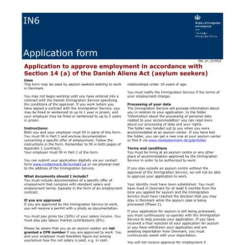 Document preview: IN6 — Application to approve work (asylum seekers) — Immigration Service / Application forms – The Danish Immigration Service, Danmark (CERFA n°IN6)