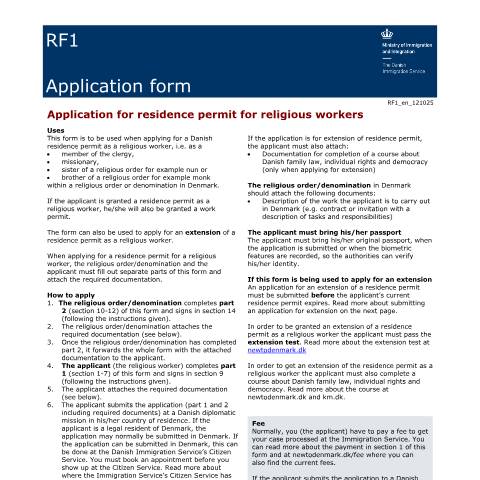 Document preview: RF1 — Application for residence permit for religious workers — Immigration Service / Application forms – The Danish Immigration Service, Danmark (CERFA n°RF1)