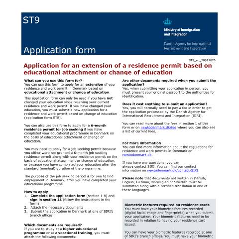 Document preview: ST9 — Application for an extension of a residence permit based on educational attachment or change of education — SIRI / Application forms - SIRI, Danmark (CERFA n°ST9)
