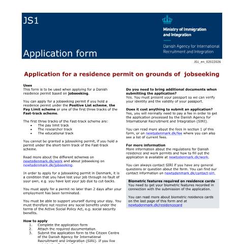 Document preview: JS1 — Application for a residence permit on grounds of jobseeking — SIRI / Application forms - SIRI, Danmark (CERFA n°JS1)
