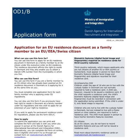 Document preview: OD1B — Application for an EU residence document as a family member to an EU/EEA/Swiss citizen — SIRI / Application forms - SIRI, Danmark (CERFA n°OD1B)
