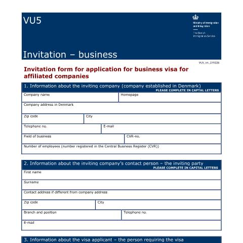 Document preview: VU5 — Invitation form for application for business visa for affiliated companies — Immigration Service / Application forms – The Danish Immigration Service, Danmark (CERFA n°VU5)