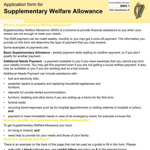 Document preview: How to access Community Welfare Services — Department of Social Protection, Ireland (CERFA n°SWA1)