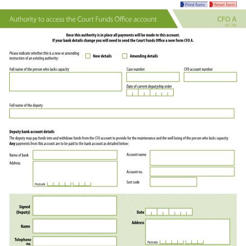 Document preview: Court funds: authority to access account — Ministry of Justice, United Kingdom