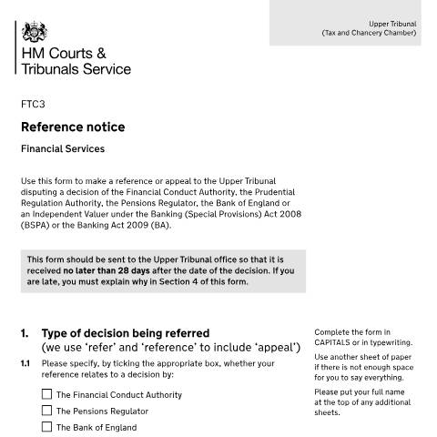 Document preview: Make a reference or appeal to the Upper Tribunal (Tax and Chancery Chamber): Form FTC3 — HM Courts & Tribunals Service, United Kingdom