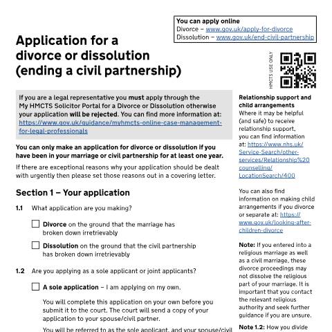 Document preview: Apply for a divorce or to dissolve a civil partnership: Form D8 — HM Courts & Tribunals Service, United Kingdom