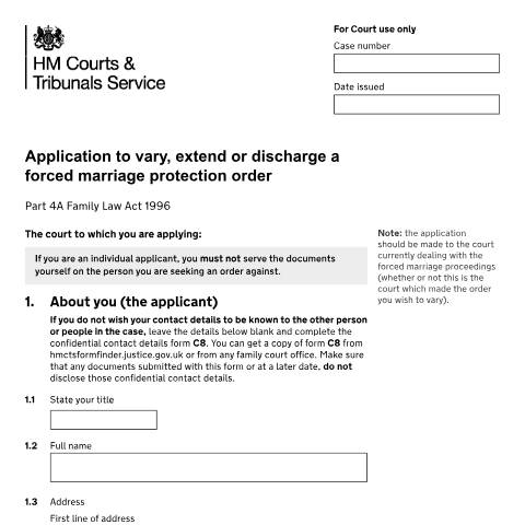 Document preview: Apply to vary, extend or discharge a Forced Marriage Protection Order: Form FL403A — HM Courts & Tribunals Service, United Kingdom
