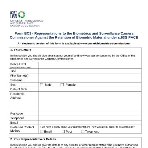 Document preview: BC3 representations form — Biometrics and Surveillance Camera Commissioner, United Kingdom