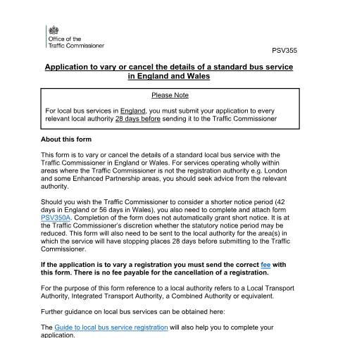 Document preview: Change or cancel details of a local service registration (LSR) (PSV355) — Traffic Commissioners for Great Britain, United Kingdom