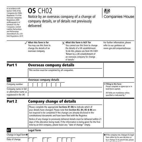 Document preview: Change the details of an overseas company (OS CH02) — Companies House, United Kingdom