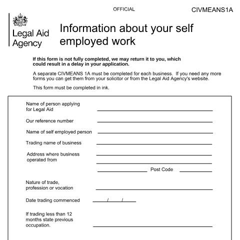 Document preview: CIV MEANS 1A: self-employed sole trader — Legal Aid Agency, United Kingdom