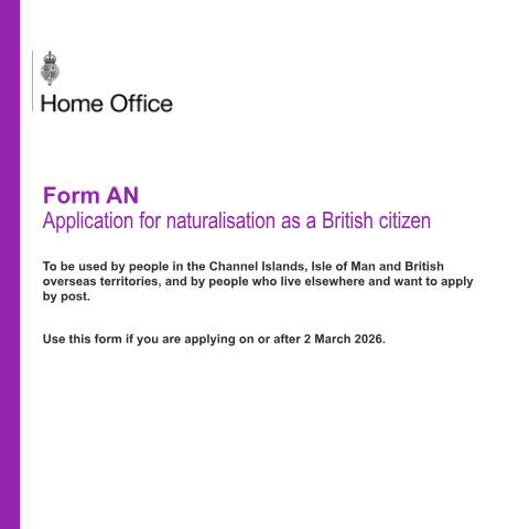 Document preview: Become a British citizen by naturalisation (form AN) — UK Visas and Immigration, United Kingdom