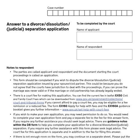 Document preview: Answer an application for a divorce, dissolution of a civil partnership or judicial separation: Form D8B — HM Courts & Tribunals Service, United Kingdom