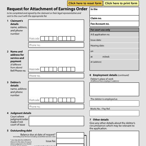 Document preview: Ask the court to make an attachment of earnings order: Form N337 — HM Courts & Tribunals Service, United Kingdom