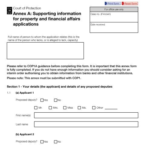 Document preview: Form COP1A: Apply to make decisions on someone's behalf (property and finance) — HM Courts & Tribunals Service, United Kingdom