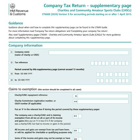 Document preview: Corporation Tax: charity and Community Amateur Sports Clubs (CT600E) — HM Revenue & Customs, United Kingdom