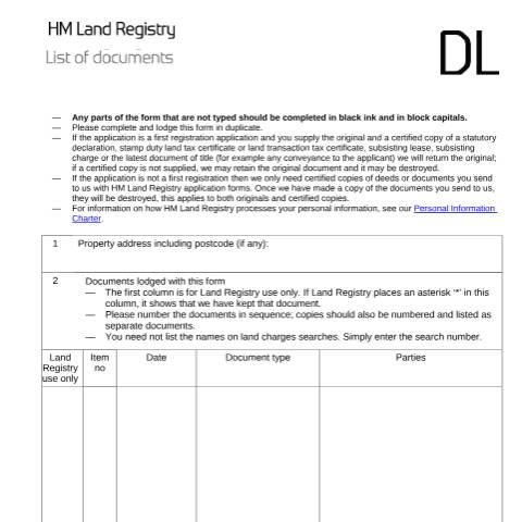 Document preview: Documents list (DL) — HM Land Registry, United Kingdom