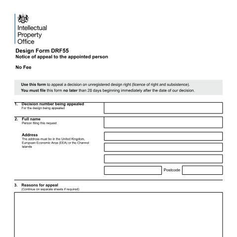 Document preview: DRF55: Notice of appeal to the appointed person — Intellectual Property Office, United Kingdom