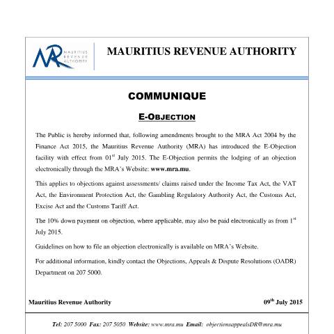Document preview: E-Objection (09.07.15) — Document, Mauritius (CERFA n°EObjection090715)