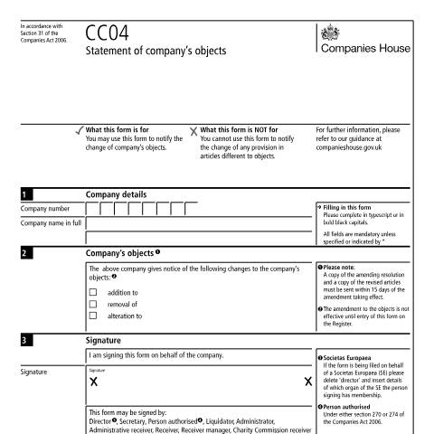 Document preview: Notify the change of a company's objects (CC04) — Companies House, United Kingdom