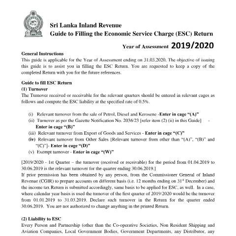 Document preview: Guide to Filling the Economic Service Charge (ESC) Return — Economic Service Charge (ESC), Sri Lanka (CERFA n°ASMT_ESC_Guide_1920)