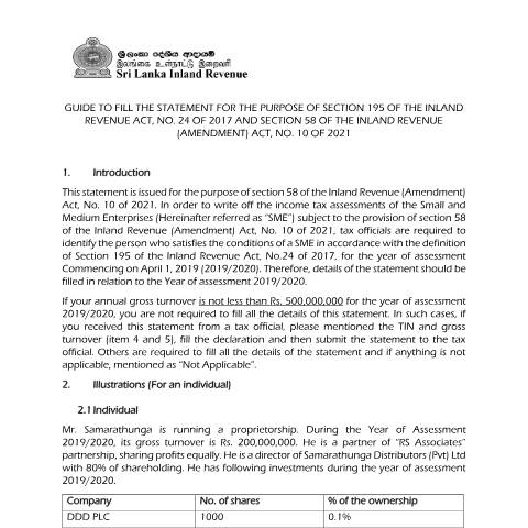 Document preview: Guide to Fill the Statement — Write off the Default Tax, Sri Lanka