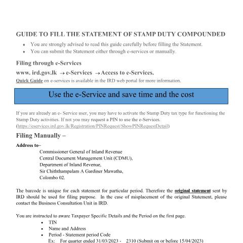 Document preview: Guide to fill the statement of Stamp Duty [Asmt_SSDC_002_E] — Stamp Duty (SD), Sri Lanka (CERFA n°Asmt_SSDC_002)