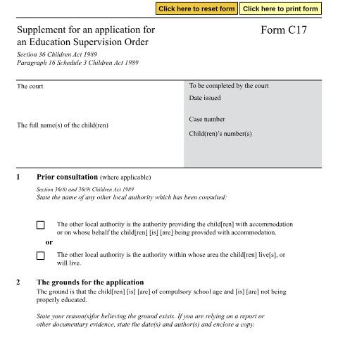 Document preview: Form C17: Supplement for an application for an Education Supervision Order — HM Courts & Tribunals Service, United Kingdom