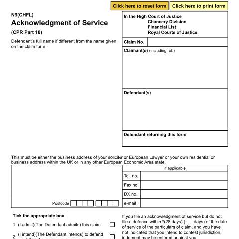 Document preview: Form N9(CHFL): Acknowledgment of Service - Chancery Division Financial List — HM Courts & Tribunals Service, United Kingdom