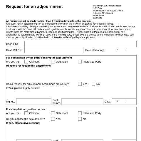 Document preview: Form PC001: Request for an Adjournment (Manchester) — HM Courts & Tribunals Service, United Kingdom