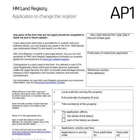 Document preview: Change the register (AP1) — HM Land Registry, United Kingdom