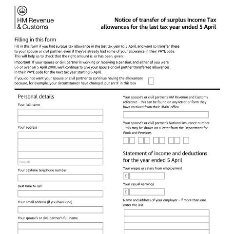 Document preview: Ask HMRC to transfer surplus Income Tax allowances — HM Revenue & Customs, United Kingdom