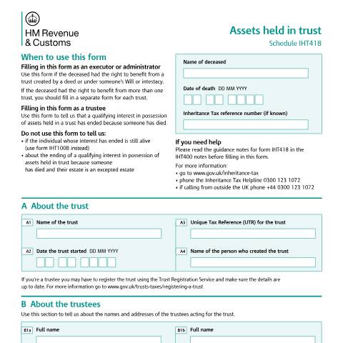 Document preview: Tell HMRC about assets held in trust (IHT418) — HM Revenue & Customs, United Kingdom