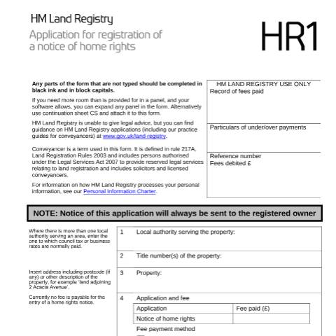 Document preview: Notice of home rights: registration (HR1) — HM Land Registry, United Kingdom