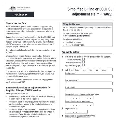 Document preview: Simplified Billing or ECLIPSE adjustment claim form (HW023) — Services Australia — Health professionals, Australia (CERFA n°HW023)