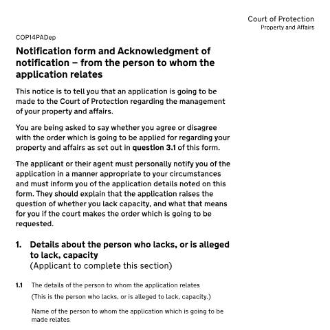 Document preview: Tell someone you’re applying to be a deputy of their property and affairs: Form COP14PADep — HM Courts & Tribunals Service, United Kingdom