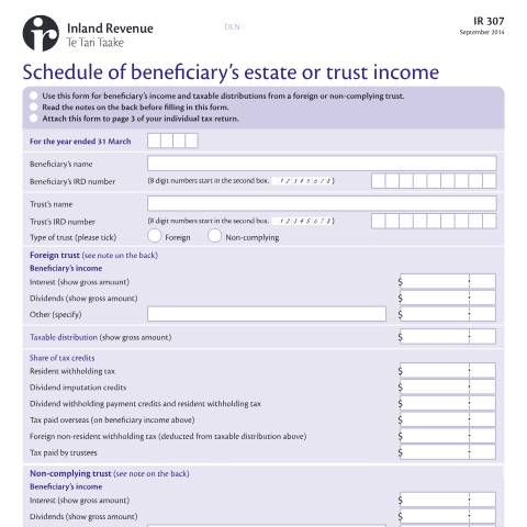 Document preview: Schedule of beneficiary's estate or trust income — International, New Zealand (CERFA n°IR307)