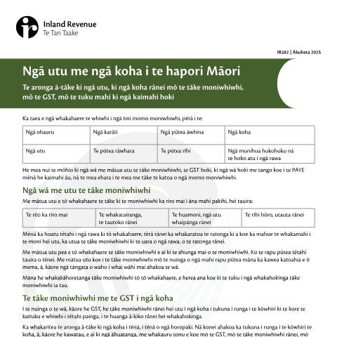 Document preview: Ngā utu me ngā koha i te hapori Māori — Income tax, New Zealand (CERFA n°IR382)