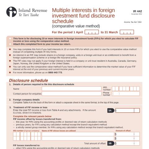 Document preview: Multiple interests in foreign investment fund disclosure schedule (comparative value method) — Income tax, New Zealand (CERFA n°IR442)