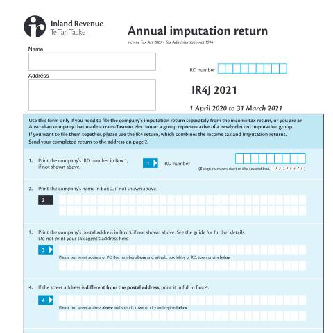 Document preview: Annual imputation return — Income tax, New Zealand (CERFA n°IR4J)